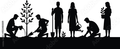 Black silhouettes of people planting and watering trees gardening