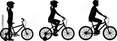 Black silhouettes of children riding bicycles in different positions bike kids