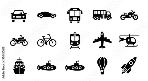 Transportation Icons Set: Car, Bus, Train, Airplane, Ship