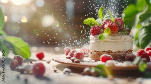 cheesecake with berries and mint