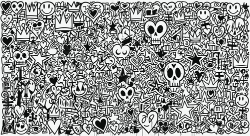 Black and White Doodle Emojis and Symbols Background