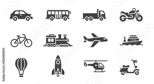 Transportation Icons Set: Car, Bus, Train, Airplane