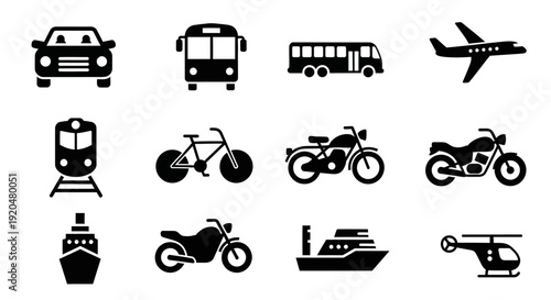 Transportation Icons Set: Car, Bus, Train, Plane, Bike, Ship