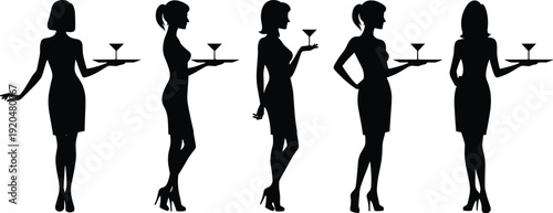 Black silhouettes of women in dresses holding cocktail glasses on trays heels