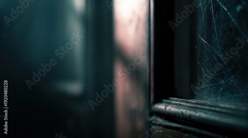 Close-up view of a weathered door frame with scratched glass.
