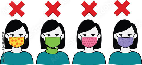 Four cartoon women wearing incorrectly worn face masks with red X symbols incorrect mask wearing