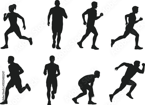 Running athlete silhouettes collection isolated on white background, men and women sprinting and jogging in dynamic motion poses for fitness and training concept