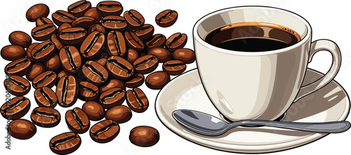 Brown coffee beans scattered beside white coffee cup on saucer with spoon