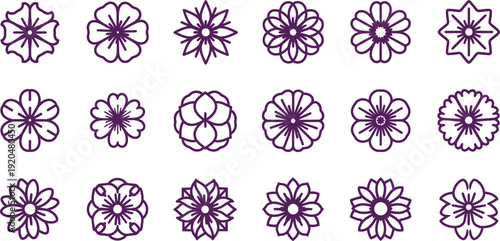 Collection of 15 unique purple floral designs isolated on transparent background