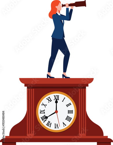 Woman in business suit standing on clock looking through telescope