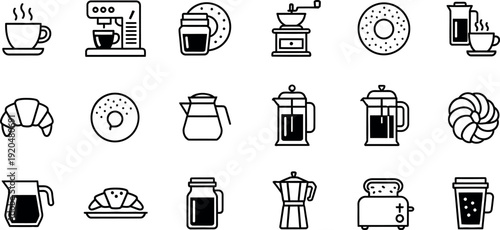 Black and white line art icons of various coffee and food items isolated on transparent background