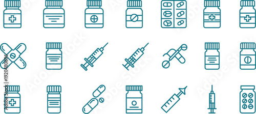 Medical supplies and equipment icons isolated on transparent background