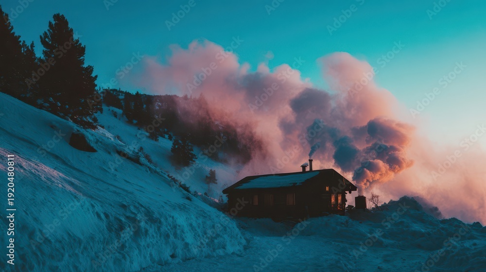 Fototapeta premium A rustic cabin nestled amidst snow-covered mountain slopes on a serene winter day.