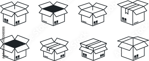 Black and white line drawing of 7 cardboard boxes in various stages of opening isolated on transparent background
