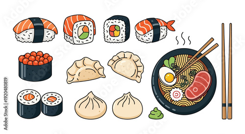 Colorful assortment of japanese cuisine including sushi ramen dumplings and fish roe a flat vector silhouette high quality professional detailed modern