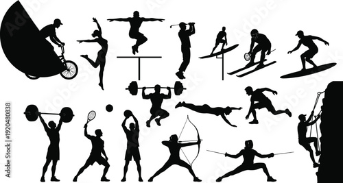 Black silhouettes of people performing various sports activities fitness athletes