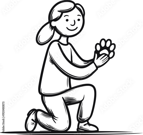 Simple monochrome outline of a smiling person kneeling and holding a dog’s paw in handshake gesture, thin stroke vector 3