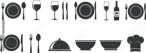 Black and white table setting icons isolated on transparent background