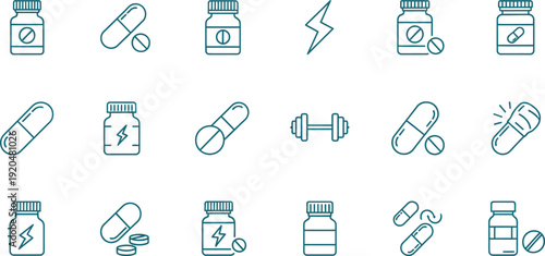 Collection of various pharmaceutical bottle and pill icons isolated on transparent background