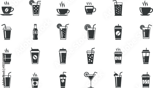 A set of 20 black and white icons of various coffee and tea drinks isolated on transparent background
