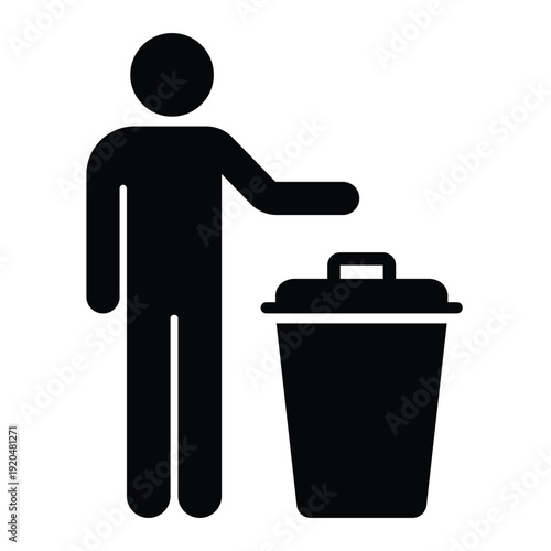 Black silhouette icon showing a person disposing of waste in a trash can with an open lid. Professional graphic for sanitation and housekeeping.