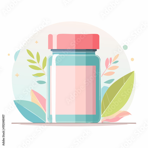 Illustration of a medicine bottle with a blank label surrounded by gentle leaves and soft pastel colors