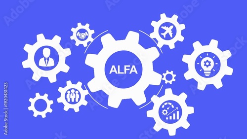 Bild auf Leinwand Interlocking Gears Illustrating Business Concepts with  ALFA at the Center str