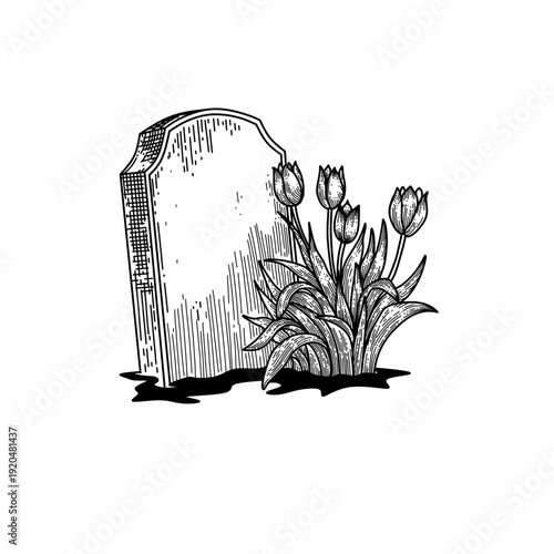 hand drawn tombstone and flowers line art vector illustration