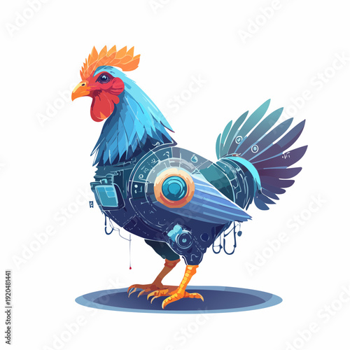 Futuristic robotic chicken with intricate mechanical details and vibrant colors