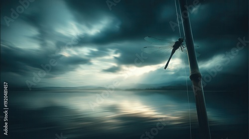 A dragonfly rests on a reed above a tranquil lake at dusk.