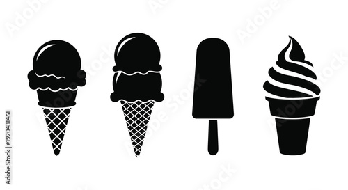 A collection of four different black ice cream depictions including a cone and popsicle silhouette high quality professional detailed modern elegant