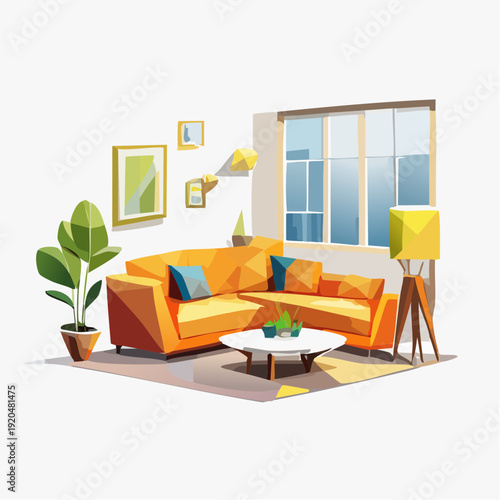 Cozy Living Room Interior with Orange Sectional Sofa and Large Window