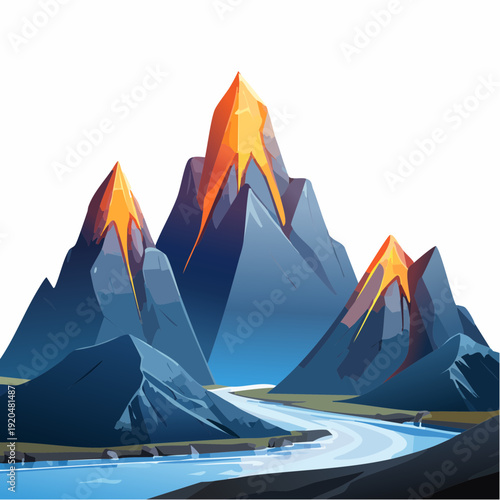 Volcano Landscape Illustration with Lava Flow and River