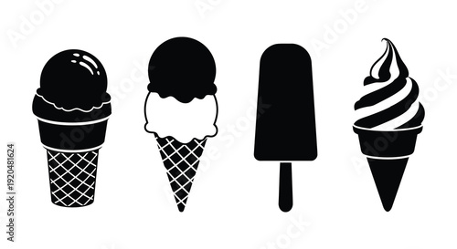 A collection of four different ice cream treats displayed in a stark black silhouette high quality professional detailed modern elegant stylish