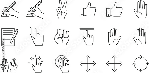 Hand gesture line icons vector set with touch swipe click and writing symbols isolated on white background