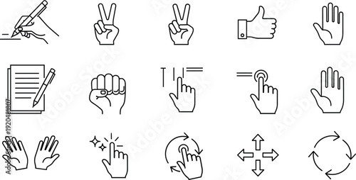 Hand gesture pixel perfect line icons vector set with touch swipe click signs isolated on white background