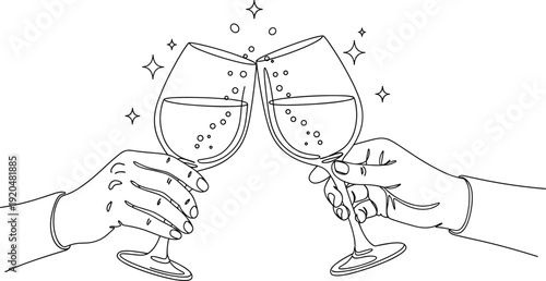 Hands clinking wine glasses line art vector illustration with sparkling champagne isolated on white background celebration toast concept
