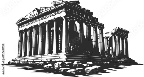 Ancient Greek Temple Ruins Classical Architecture Vector Illustration.