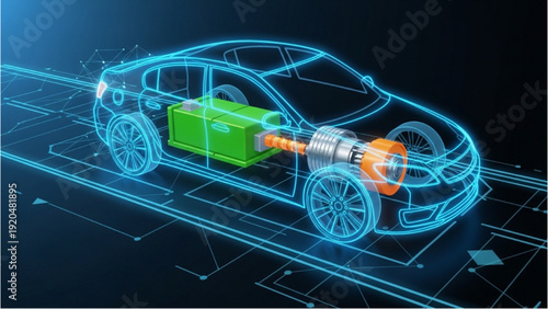 Detailed vehicle autocad blueprint illustrating electric car components and engine parts