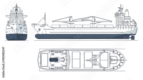 Detailed vehicle autocad blueprint of a ship from multiple viewpoints