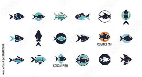 Collection of stylized fish icons and logos.