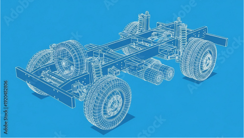 Detailed vehicle autocad blueprint of a truck chassis on a blue background from an isometric viewpoint