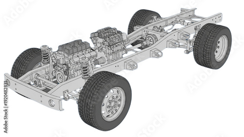 Detailed vehicle autocad blueprint of a truck chassis with wheels and engine components in a technical illustration