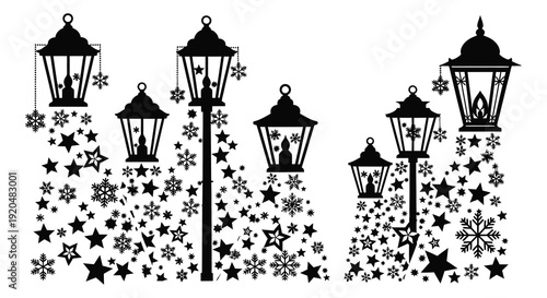 A decorative arrangement of vintage street lamps surrounded by falling snowflakes and stars presented as a silhouette high quality professional detailed