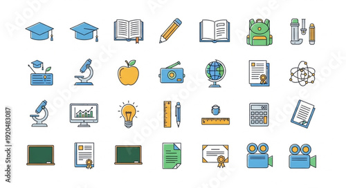 Collection of educational icons representing learning and school supplies.
