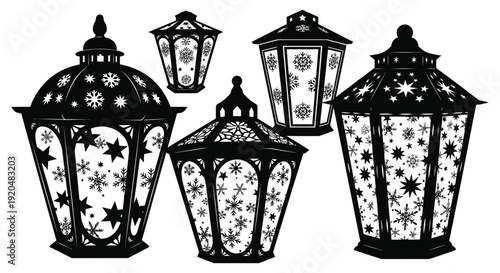 An elegant arrangement of ornate vintage lanterns depicted in a striking black silhouette high quality professional detailed modern stylish clean crisp