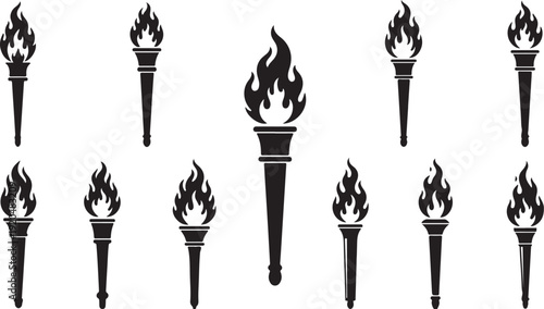 Black torches with flames on white background illustration set