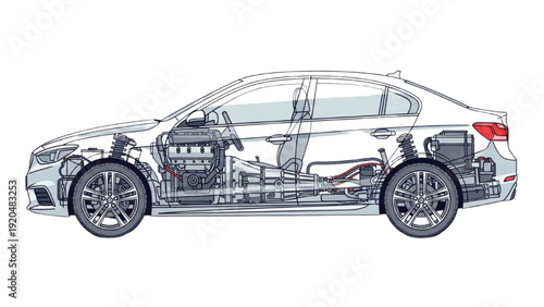 Detailed vehicle autocad blueprint illustration showing internal components and structure of a modern car from a side viewpoint