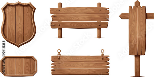 Collection of Rustic Wooden Signboards, Shield Plaque, Hanging and Standing Timber Boards Isolated for Game UI, Fantasy Assets, Directional Sign Design.