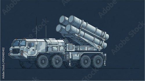 Detailed vehicle autocad blueprint of a military truck carrying missile launchers on a dark background from a side viewpoint